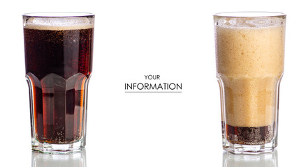 Set glass black carbonated water foam kvass dark beer pattern on white background isolation