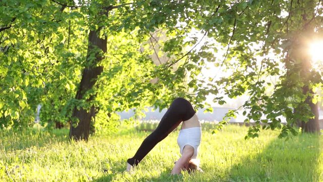 Young sportive woman doing yoga, pilates and exercising in the park on beautiful day at sunset on green grass. Healthy lifestyle concept