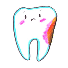 Cute cartoon character. Confused sad dirty molar tooth with cavity painted in highlighter felt tip pen on clean white background