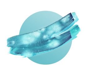 Abstract teal green watercolor brush strokes painted in teal gradient circle on clean white background