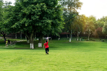 Children are flying on the grass in the public park