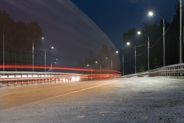 Night Zvenigorod city road. It is a part of Moscow Central Ring Road.