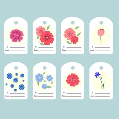 Gift tags with flowers. Set of 8 decorative cartoon invitations. Collection of holiday cards.