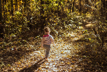 Naklejka na ściany i meble happy little child, baby girl laughing and playing in autumn park