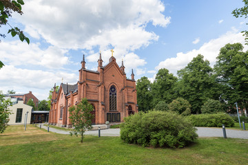 Finlayson Church (Finlaysonin kirkko in Finnish) in Tampere, Finland on a sunny day. It was built in 1879 in Gothic Revival style.