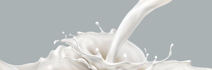 Milk splashing effect. Liquid beverage pouring down. Design element for advertising. Vector 3d realistic illustration.