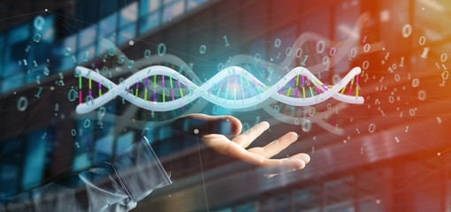 Businessman holding a 3d rendering data coded Dna with binary file around