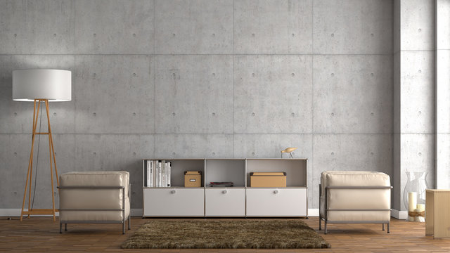 Helles Wohnzimmer Betonwand Sessel