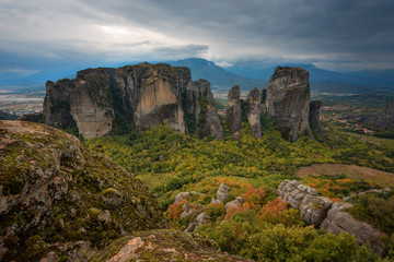 Magnificent autumn landscape of Meteora. Meteora rocks in a sunny, cloudy day. Pindos Mountains, Thessaly, Greece, Europe