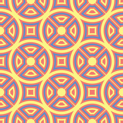 Geometric red orange seamless pattern. Bright background with blue and yellow design