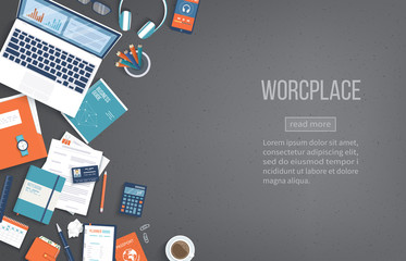 Workplace Desktop background. Top view of black table, laptop, folder, documents, notepad, books, purse, calendar, headphones, calculator, coffee, crumpled paper. Place for text. Vector banner