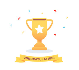 Vector illustration of yellow color super golden winner cup on white background with confetti and ribbon.