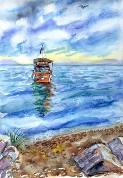 The old yacht on the sea by the shore, watercolor drawing. Seascape, Turkey.