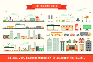 Create your own city - flat constructor kit. Huge collection of infographic vector elements. Set of buildings, shops, transport and different details for street scenes, app and game design