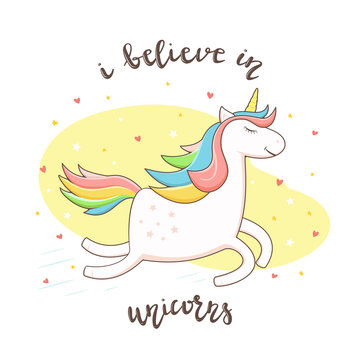 Unicorn on yellow background with stars and hearts