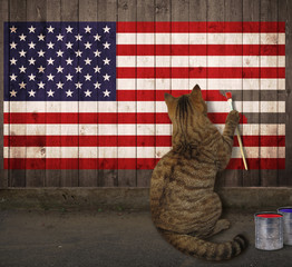 The cat draws the American flag on a wooden fence.