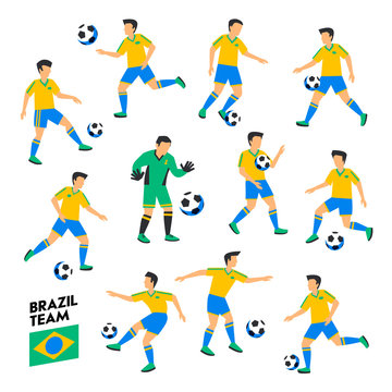 Brazil football team. Brazil soccer players. Full Football team, 11 players. Soccer players on different positions playing football. Colorful flat style illustration. Football cup.