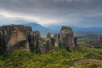 Fototapeta na wymiar Magnificent autumn landscape of Meteora. Meteora rocks in a sunny, cloudy day. Pindos Mountains, Thessaly, Greece, Europe