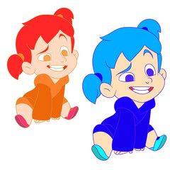 Vector illustration of a set of little girl with two tails smiling and looking