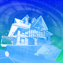 A modern house on a blue background surrounded by digital networks - an illustration of a smart eco-friendly home - the concept of modern information technology smart house or smart city / vector draw
