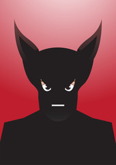 Vector portrait drawing of bat eared Superhero silhouette on red background, Role model, protector, villain, hero concept illustration.