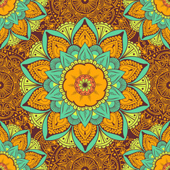 Seamless ethnic pattern with floral motives. Mandala stylized print template for fabric and paper. Boho chic design. Summer fashion.