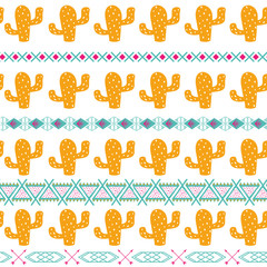 Seamless tribal ethnic pattern Aztec background with cactus Mexican ornamental texture in bright pink orange colors vector