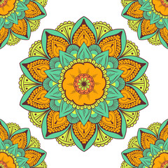Seamless ethnic pattern with floral motives. Mandala stylized print template for fabric and paper. Boho chic design. Summer fashion.