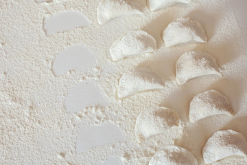 Raw handmade vareniki on table sprinkled with flour