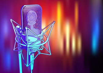 blue-violet microphone on a bright multi-colored background - vector image. A shiny metallic microphone of pink color is surrounded by colored light spots similar to lighting a disco, concert or stage
