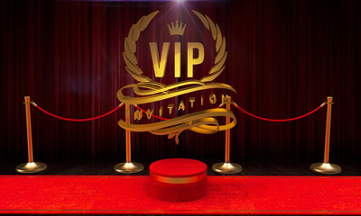 Red carpet, Golden VIP invitation, laurel wreath and flourishes, 3D render