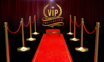 Red carpet, Golden VIP invitation, laurel wreath and flourishes, 3D render