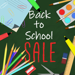 Back to school sale background with school supplies, chalkboard and text. Vector illustration.