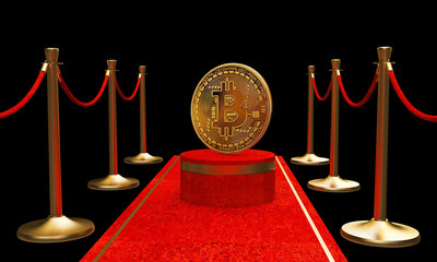 The first figure in the golden bitcoin, On the private corridor VIP, On black background. 3D Illustration.