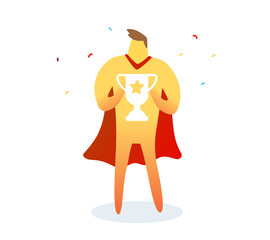 Vector illustration of yellow color super man with red cloak holding golden winner cup on white background with confetti.