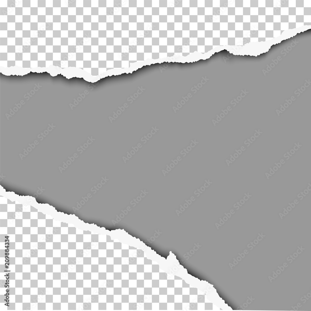 Sticker ripped wide hole in transparent sheet of paper with gray background of the resulting window. vector 