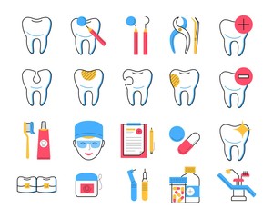 Dentistry icons set trendy linear style. Dental clinic services, stomatology and orthodontics symbols. Teeth treatment and restoration. Dentist tools, healthy and broken tooth, medicines, dental floss