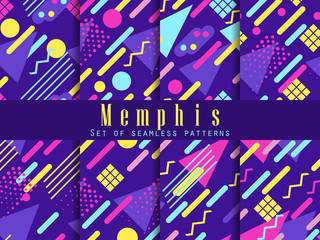 Seamless geometric patterns of memphis style. Fashion 80's backgrounds set. Vector illustration