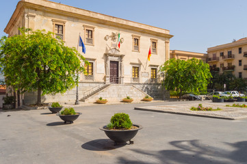 View of a house with old architecture on the Duomo square in Termini Imerese in northern Sicily
