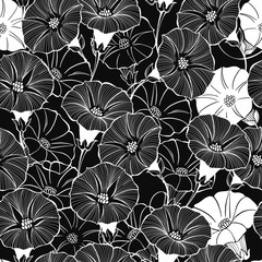Floral seamless pattern with hand drawn bindweed flowers on a black background. Vector black and white illustration.