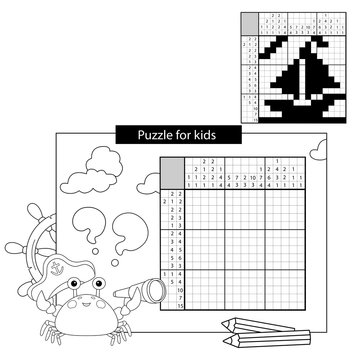 Education Puzzle Game for school Children. Ship. Black and white japanese crossword with answer. Nonogram with answer. Graphic crossword. Coloring Page Outline Of sea crab. Coloring book for kids.