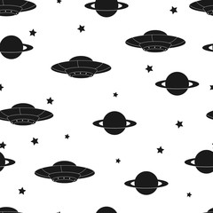 Space background. Seamless pattern with cartoon ufo, planet, stars. Black and white. Vector