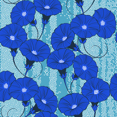 Floral seamless pattern with hand drawn bindweed flowers on a textured background. Vector color illustration.