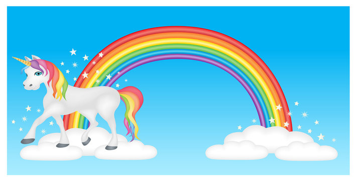 Unicorn with rainbow, clouds and magical stars in blue sky