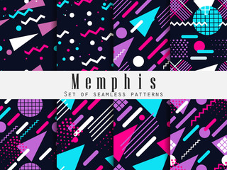 Memphis seamless pattern. Geometric elements memphis in the style of 80's. Synthwave retro background. Retrowave. Vector illustration