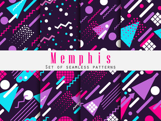 Memphis seamless pattern. Geometric elements memphis in the style of 80's. Synthwave retro background. Retrowave. Vector illustration