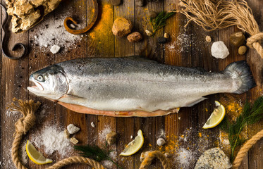 One fresh fish salmon lies on gray boards. Around the sea pebbles, lemon slices and seasonings
