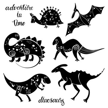 Cartoon dinosaurs  isolated elements for design on a white background. Vector set, hand drawn illustration. Silhouettes.