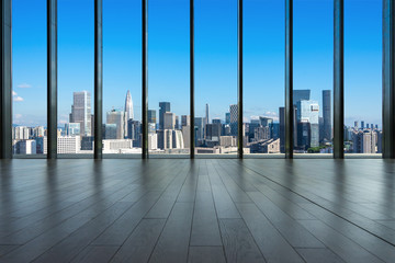 interior of office building with city skyline