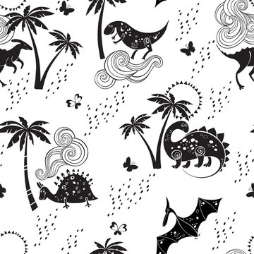 Seamless pattern with cartoon dinosaurs and palm trees on a white background. Monochrome vector illustration.